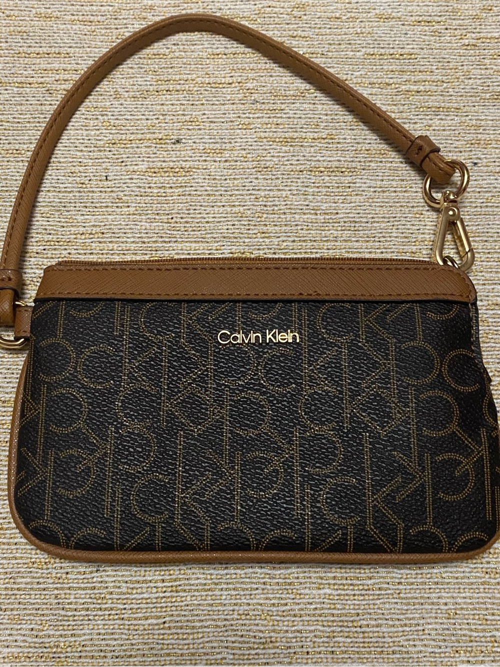 Calvin Klein Black and Brown Logo Wristlet with Gold Hardware NWOT